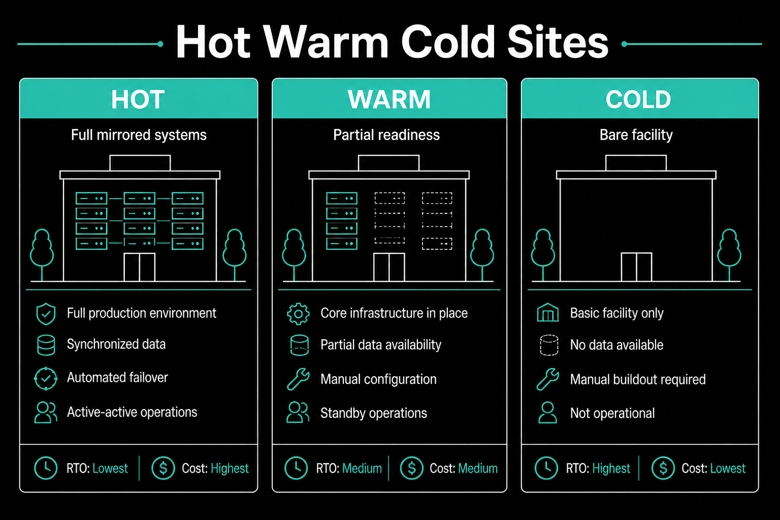 Hot, warm, and cold sites compared by RTO and cost