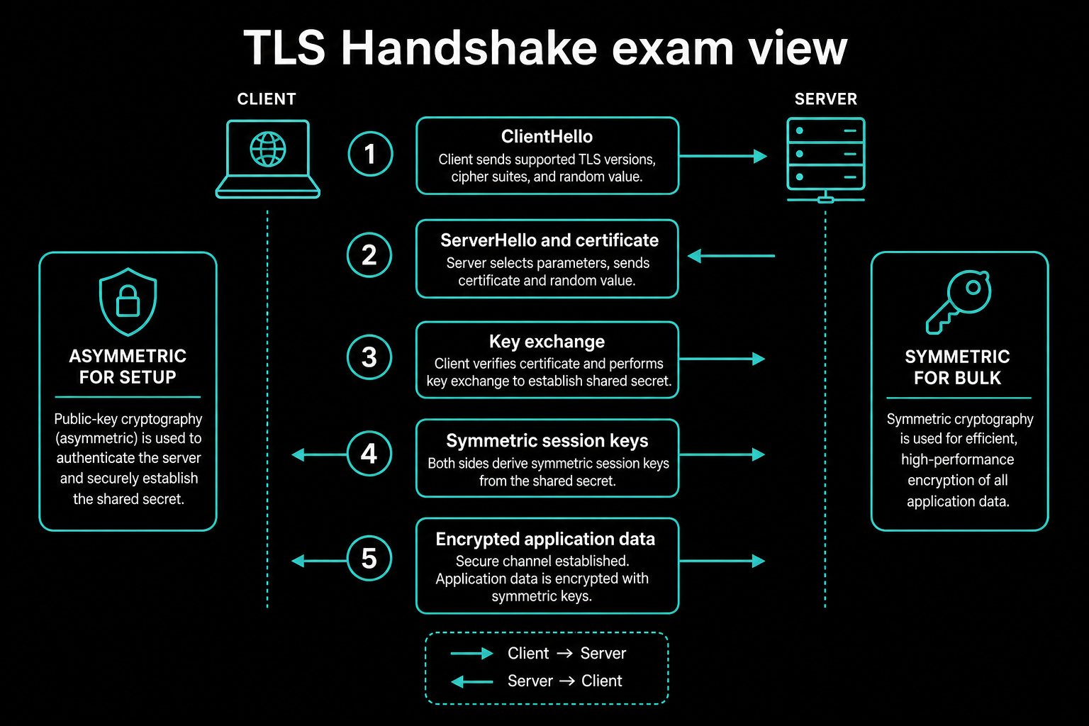 TLS handshake at exam depth: asymmetric setup, then symmetric bulk encryption